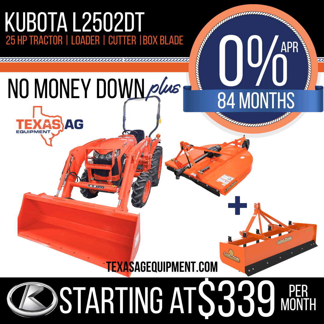 L2502DT Kubota Tractor Package deal, $0 down 0% APR for 84 months, includes a rotary cutter, box blade, and loader.